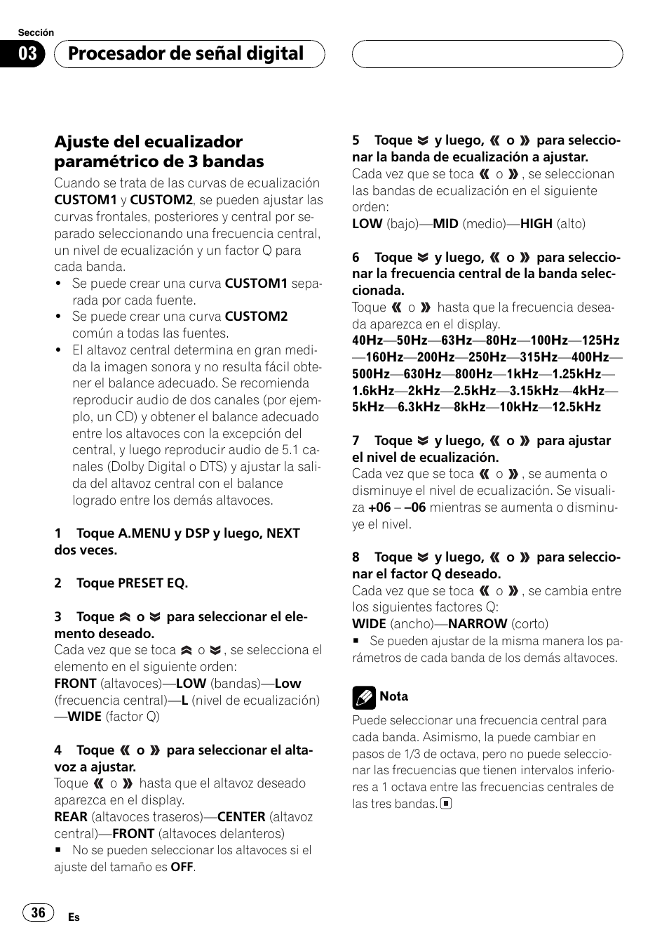 Ajuste del ecualizador paramétrico de, 3 bandas 36, Ajuste del ecualizador paramétrico de 3 bandas | Procesador de señal digital | Pioneer DEQ-P6600 User Manual | Page 36 / 69