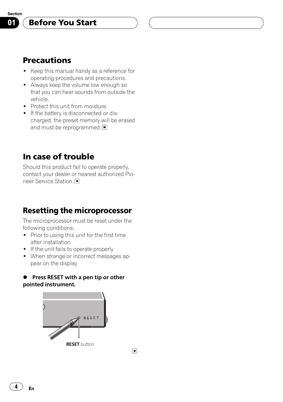 Precautions, Resetting the microprocessor, Before you start | Pioneer DEQ-P6600 User Manual | Page 4 / 69