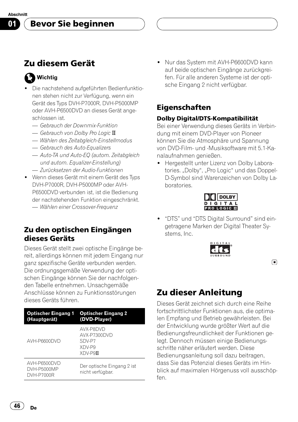 Bevor sie beginnen zu diesem gerät 46, Zu den optischen eingängen dieses, Geräts 46 | Eigenschaften 46, Zu dieser anleitung 46, Zu diesem gerät, Zu dieser anleitung, Bevor sie beginnen, Zu den optischen eingängen dieses geräts, Eigenschaften | Pioneer DEQ-P6600 User Manual | Page 46 / 69