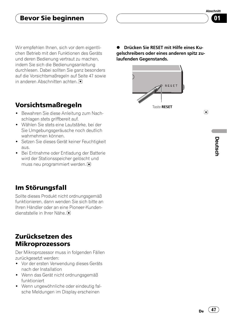 Vorsichtsmaßregeln, Im störungsfall, Zurücksetzen des mikroprozessors | Bevor sie beginnen | Pioneer DEQ-P6600 User Manual | Page 47 / 69