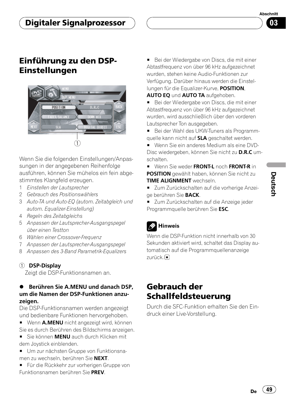 Einführung zu den dsp- einstellungen, Gebrauch der schallfeldsteuerung, Digitaler signalprozessor | Pioneer DEQ-P6600 User Manual | Page 49 / 69