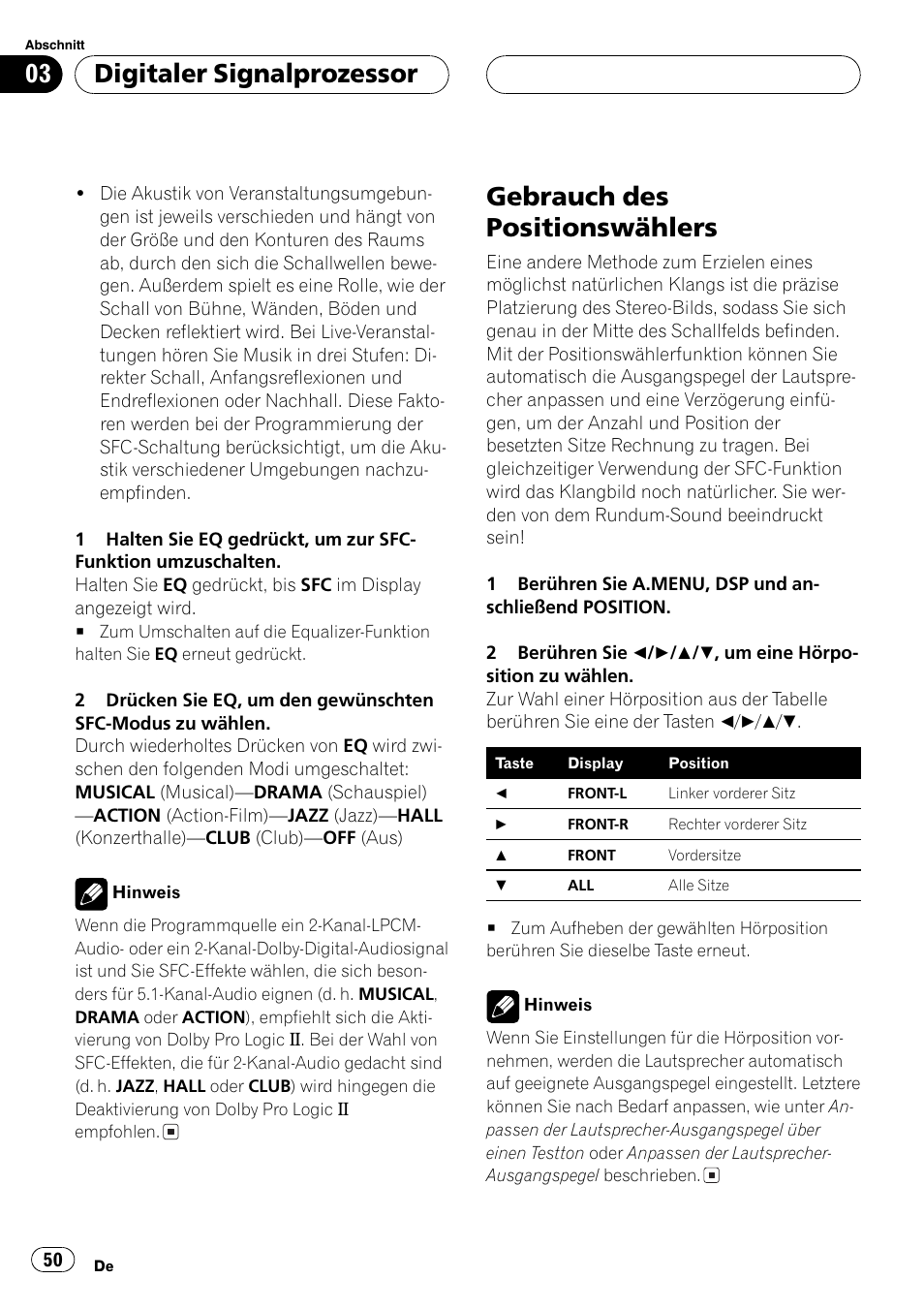 Gebrauch des positionswählers 50, Gebrauch des positionswählers, Digitaler signalprozessor | Pioneer DEQ-P6600 User Manual | Page 50 / 69