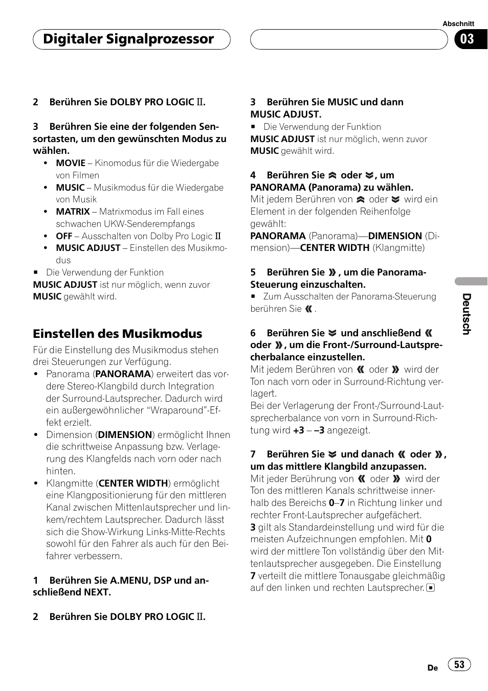 Einstellen des musikmodus 53, Digitaler signalprozessor, Einstellen des musikmodus | Pioneer DEQ-P6600 User Manual | Page 53 / 69