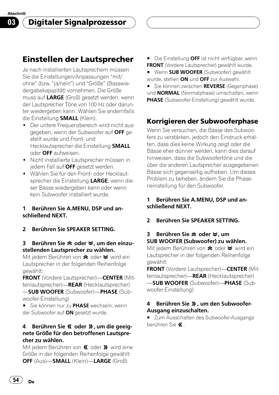 Einstellen der lautsprecher 54, Korrigieren der subwooferphase 54, Einstellen der lautsprecher | Digitaler signalprozessor, Korrigieren der subwooferphase | Pioneer DEQ-P6600 User Manual | Page 54 / 69