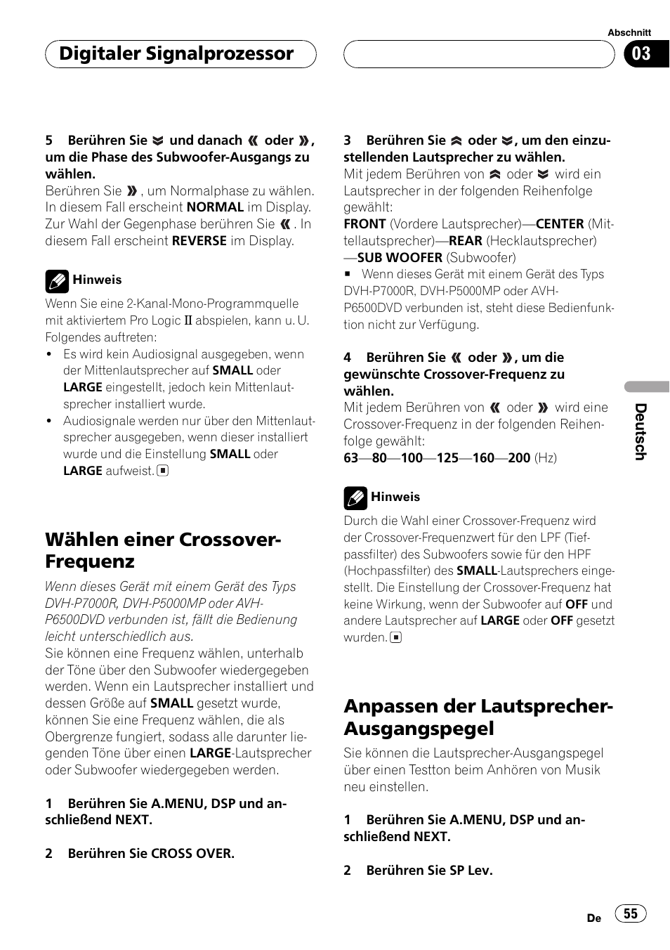 Ausgangspegel 55, Wählen einer crossover-frequenz, Anpassen der lautsprecher-ausgangspegel | Wählen einer crossover- frequenz, Anpassen der lautsprecher- ausgangspegel, Digitaler signalprozessor | Pioneer DEQ-P6600 User Manual | Page 55 / 69