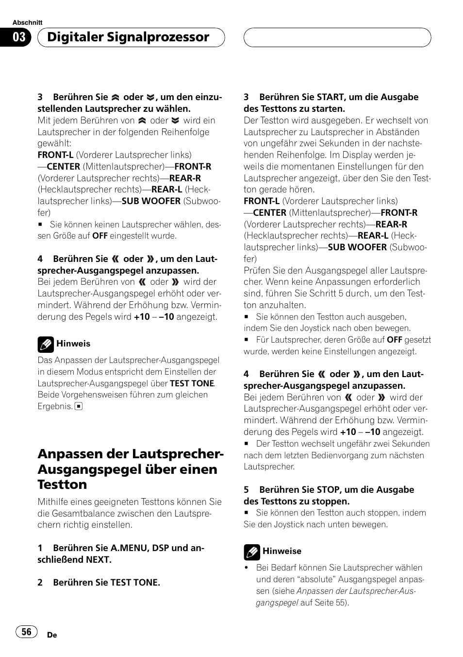 Anpassen der lautsprecher-ausgangspegel, Über einen testton 56, Über einen testton | Digitaler signalprozessor | Pioneer DEQ-P6600 User Manual | Page 56 / 69