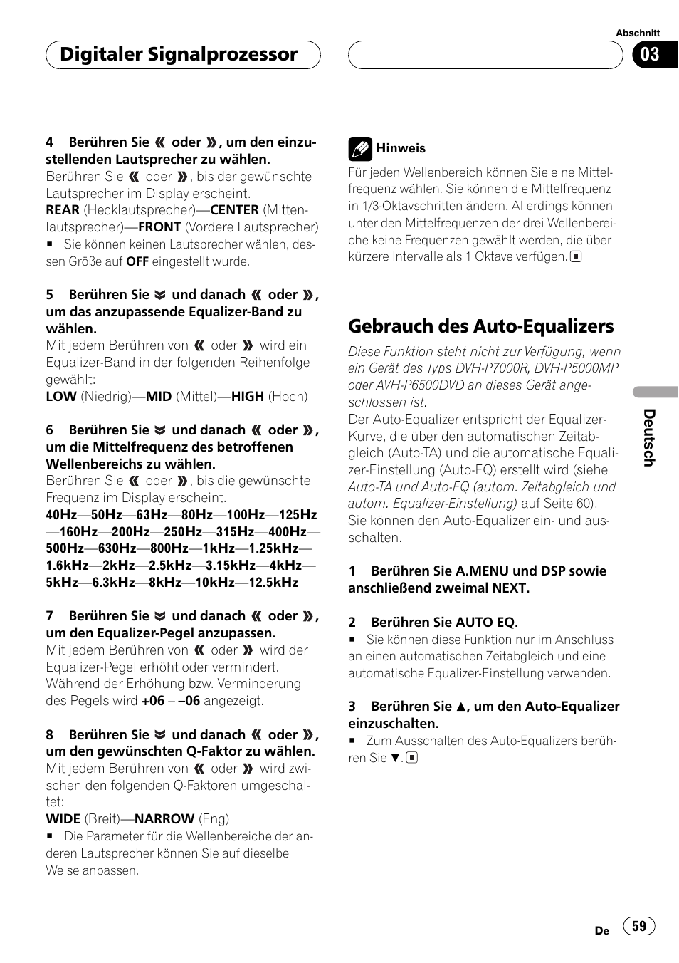 Gebrauch des auto-equalizers 59, Gebrauch des auto-equalizers, Digitaler signalprozessor | Pioneer DEQ-P6600 User Manual | Page 59 / 69