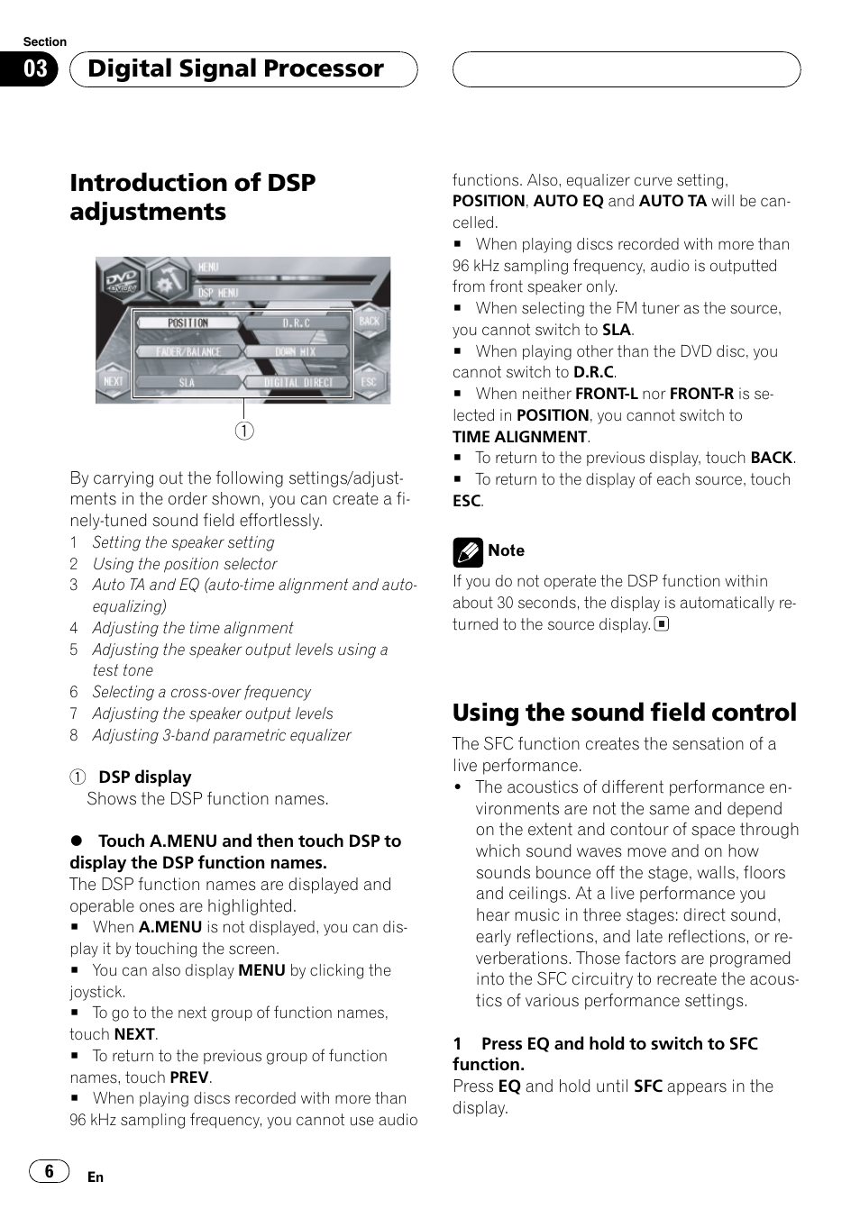 Introduction of dsp adjustments, Using the soundfieldcontrol, Digital signal processor | Pioneer DEQ-P6600 User Manual | Page 6 / 69