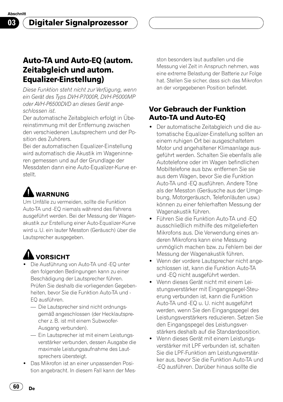 Auto-ta und auto-eq (autom. zeitabgleich, Und autom. equalizer-einstellung) 60, Vor gebrauch der funktion auto-ta | Und auto-eq 60, Und autom. equalizer-einstellung), Auto-ta und auto-eq (autom. zeitabgleich und, Autom. equalizer-einstellung), Digitaler signalprozessor, Vor gebrauch der funktion auto-ta undauto-eq | Pioneer DEQ-P6600 User Manual | Page 60 / 69