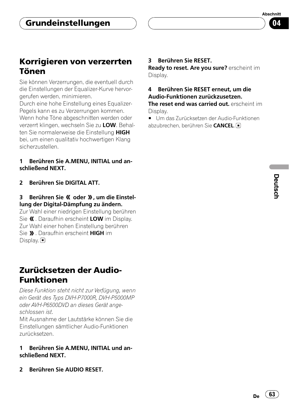 Zurücksetzen der audio-funktionen, Korrigieren von verzerrten tönen, Zurücksetzen der audio- funktionen | Grundeinstellungen | Pioneer DEQ-P6600 User Manual | Page 63 / 69
