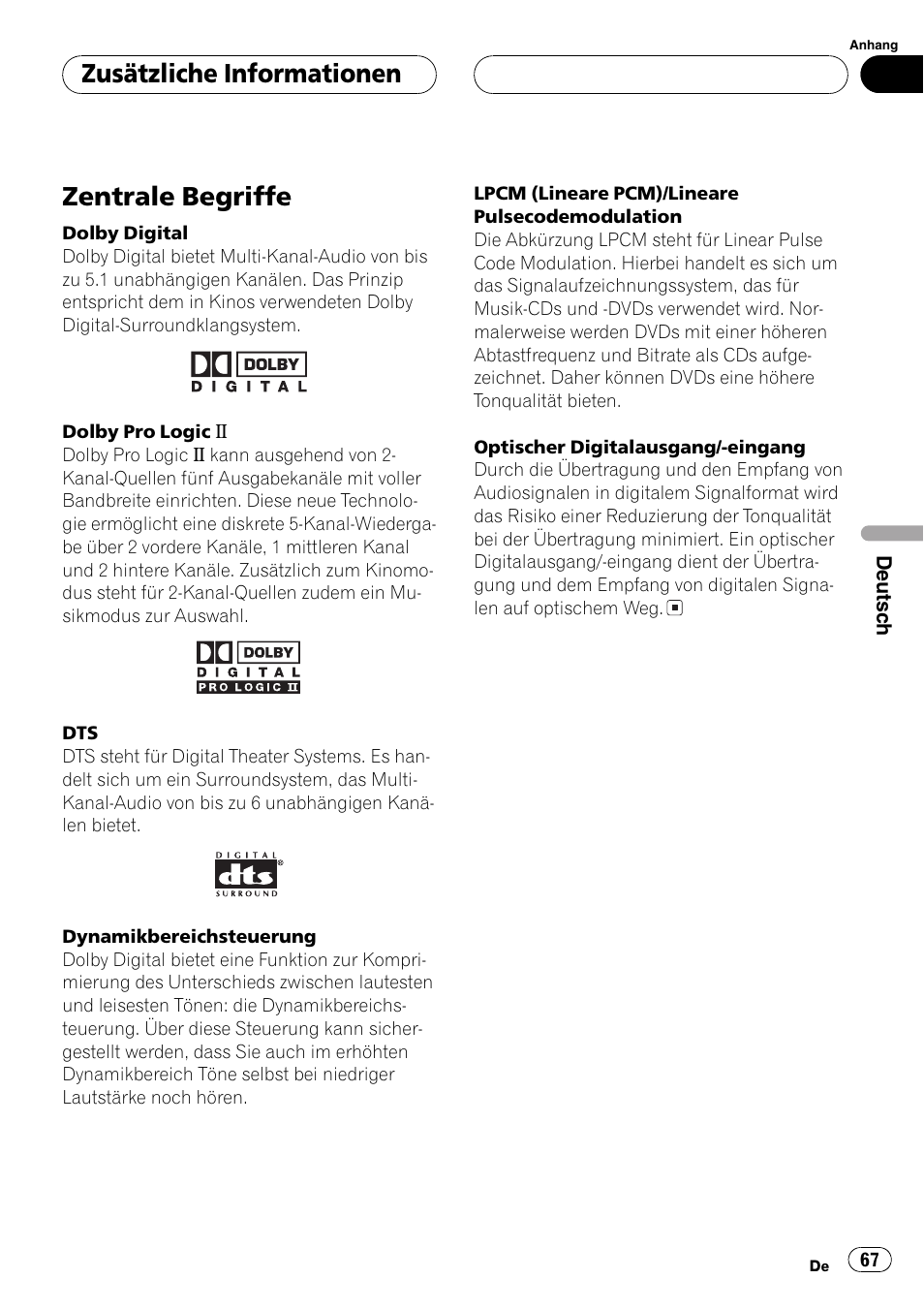 Zentrale begriffe 67, Zentrale begriffe, Zusätzliche informationen | Pioneer DEQ-P6600 User Manual | Page 67 / 69