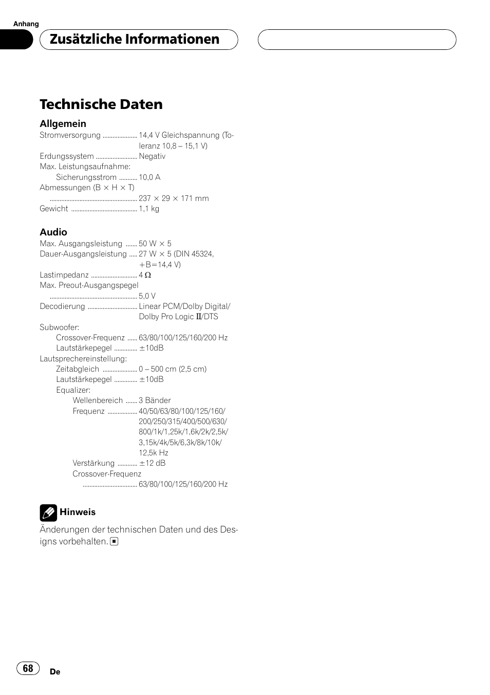 Technische daten 68, Technische daten, Zusätzliche informationen | Pioneer DEQ-P6600 User Manual | Page 68 / 69