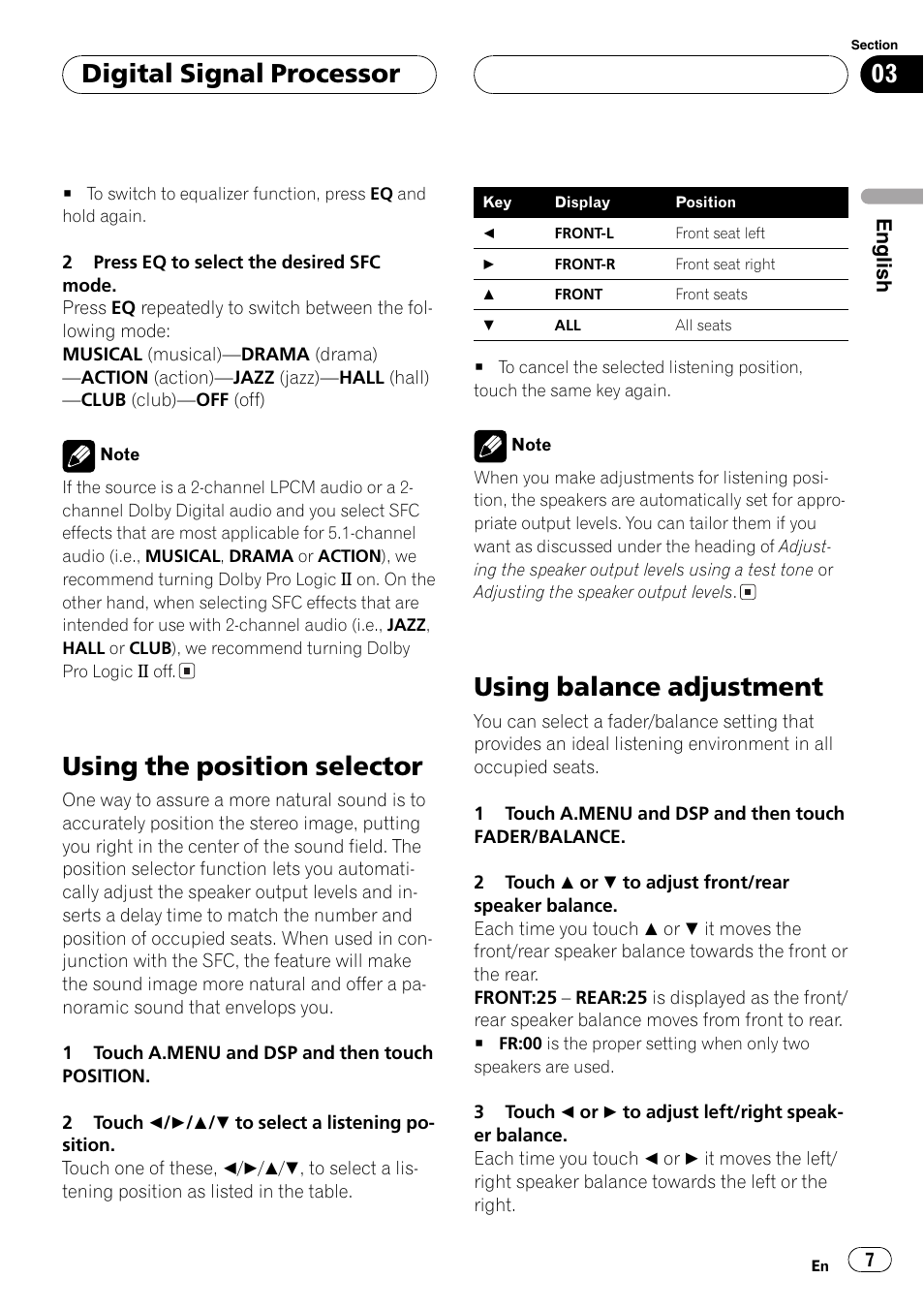 Using the position selector, Using balance adjustment, Digital signal processor | Pioneer DEQ-P6600 User Manual | Page 7 / 69