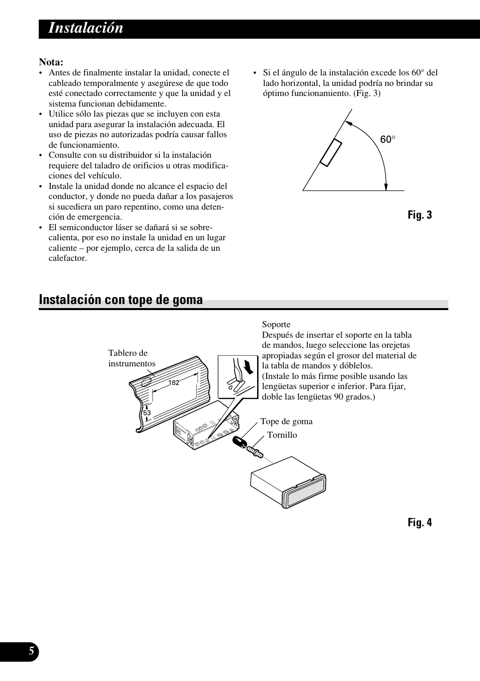 A title (english), Instalación, Instalación con tope de goma | Pioneer DEH-P6400R User Manual | Page 14 / 52