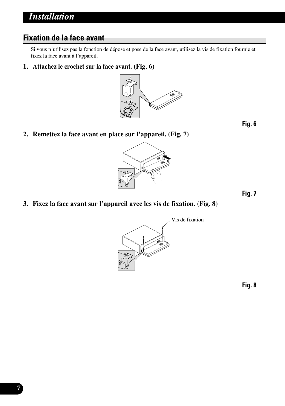 A title (english) installation, Fixation de la face avant | Pioneer DEH-P6400R User Manual | Page 32 / 52