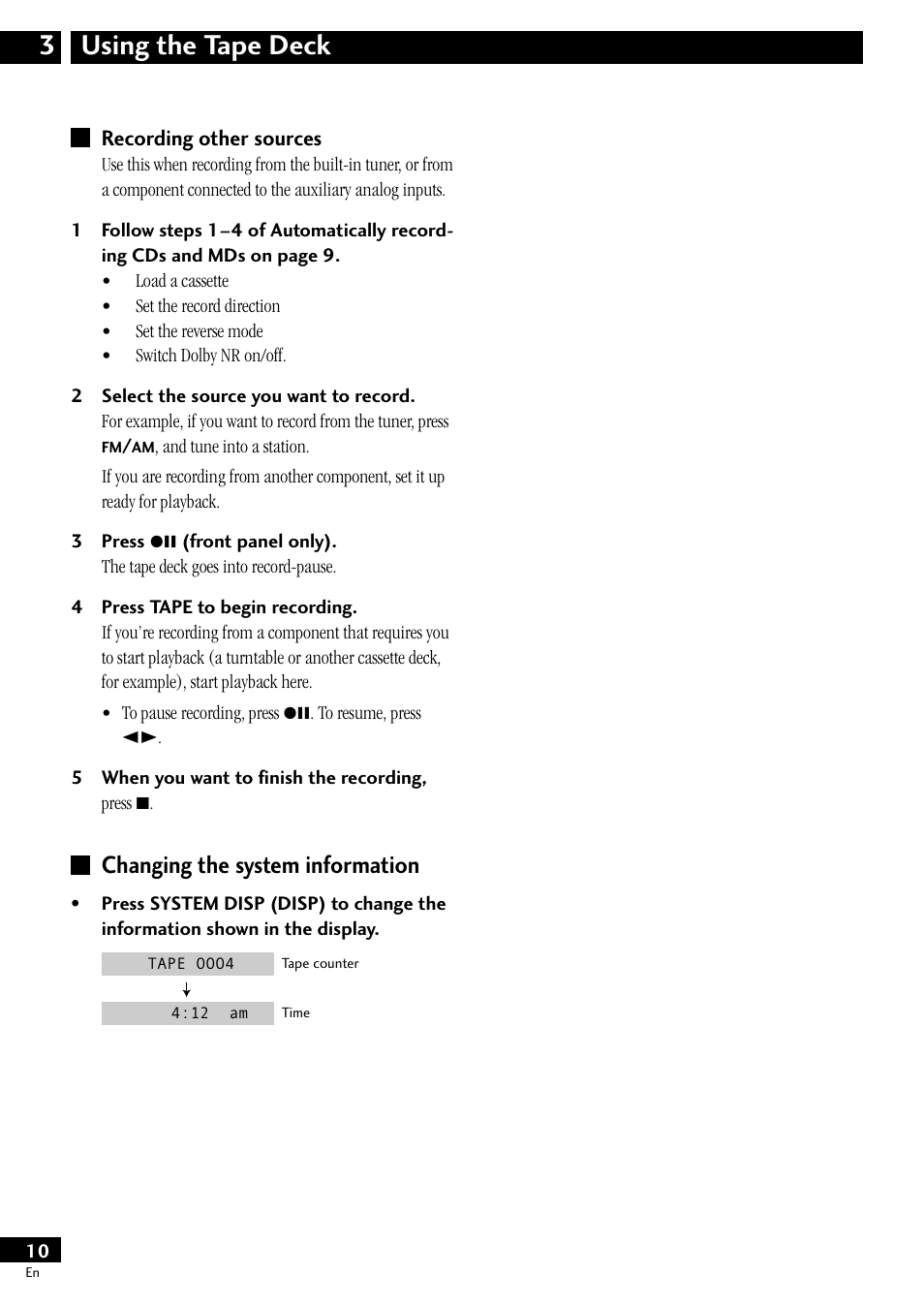 Recording other sources, Changing the system information, Using the tape deck 3 | Pioneer CT-L11 User Manual | Page 10 / 16