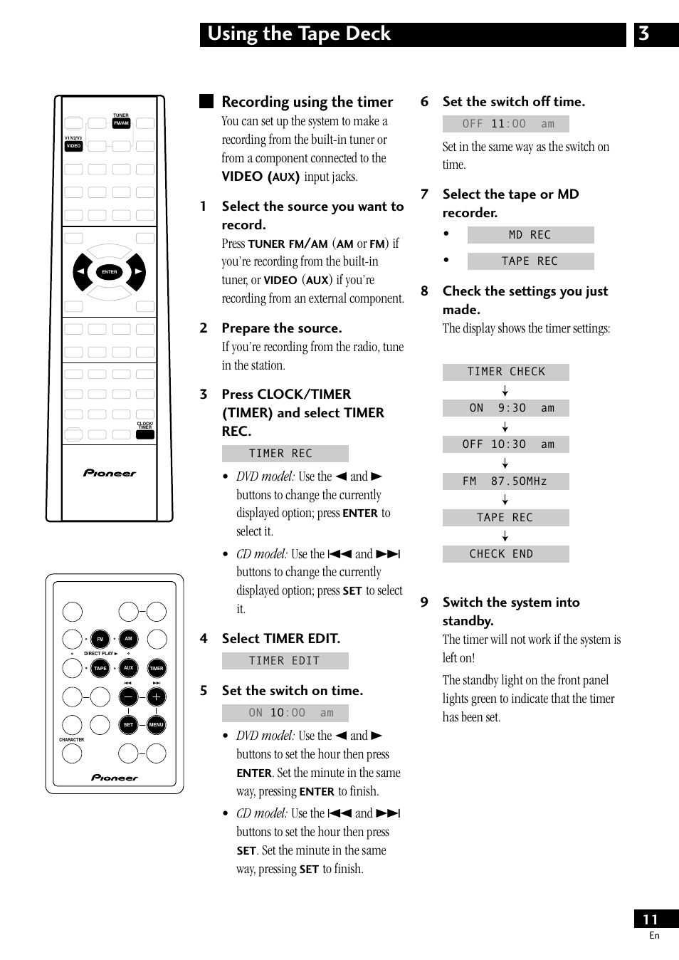 Recording using the timer, 3using the tape deck, If you’re recording from the built-in tuner, or | 5 set the switch on time, Set the minute in the same way, pressing, 6 set the switch off time | Pioneer CT-L11 User Manual | Page 11 / 16