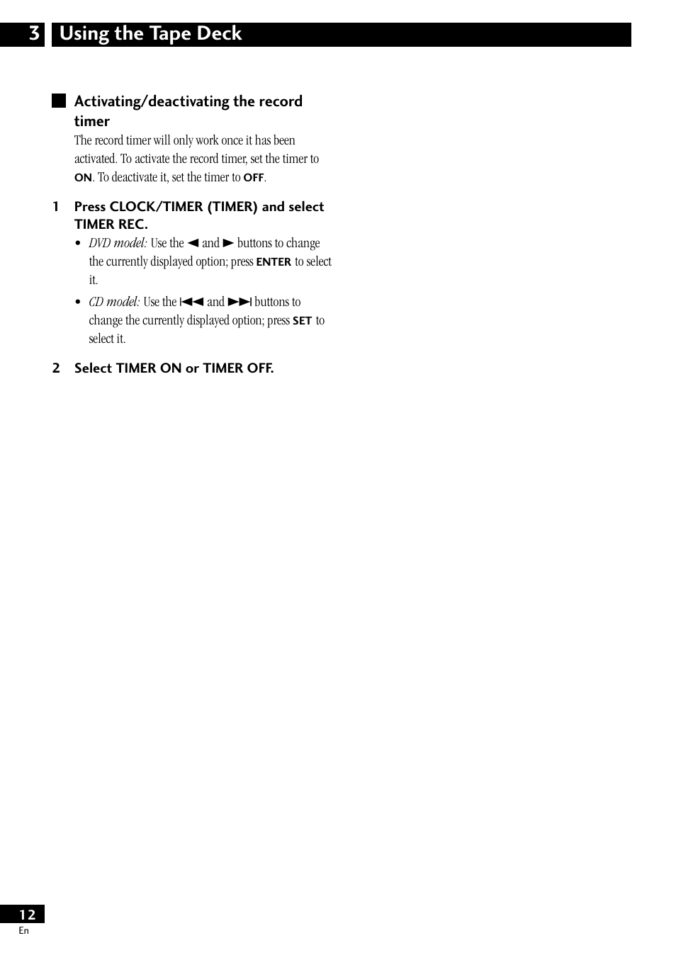 Activating/deactivating the record timer, Using the tape deck 3 | Pioneer CT-L11 User Manual | Page 12 / 16