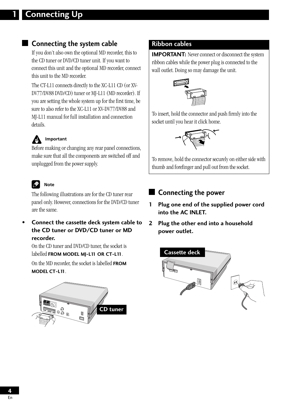 Connecting the system cable connecting the power, Connecting up 1, Connecting the power | Connecting the system cable, Ribbon cables | Pioneer CT-L11 User Manual | Page 4 / 16