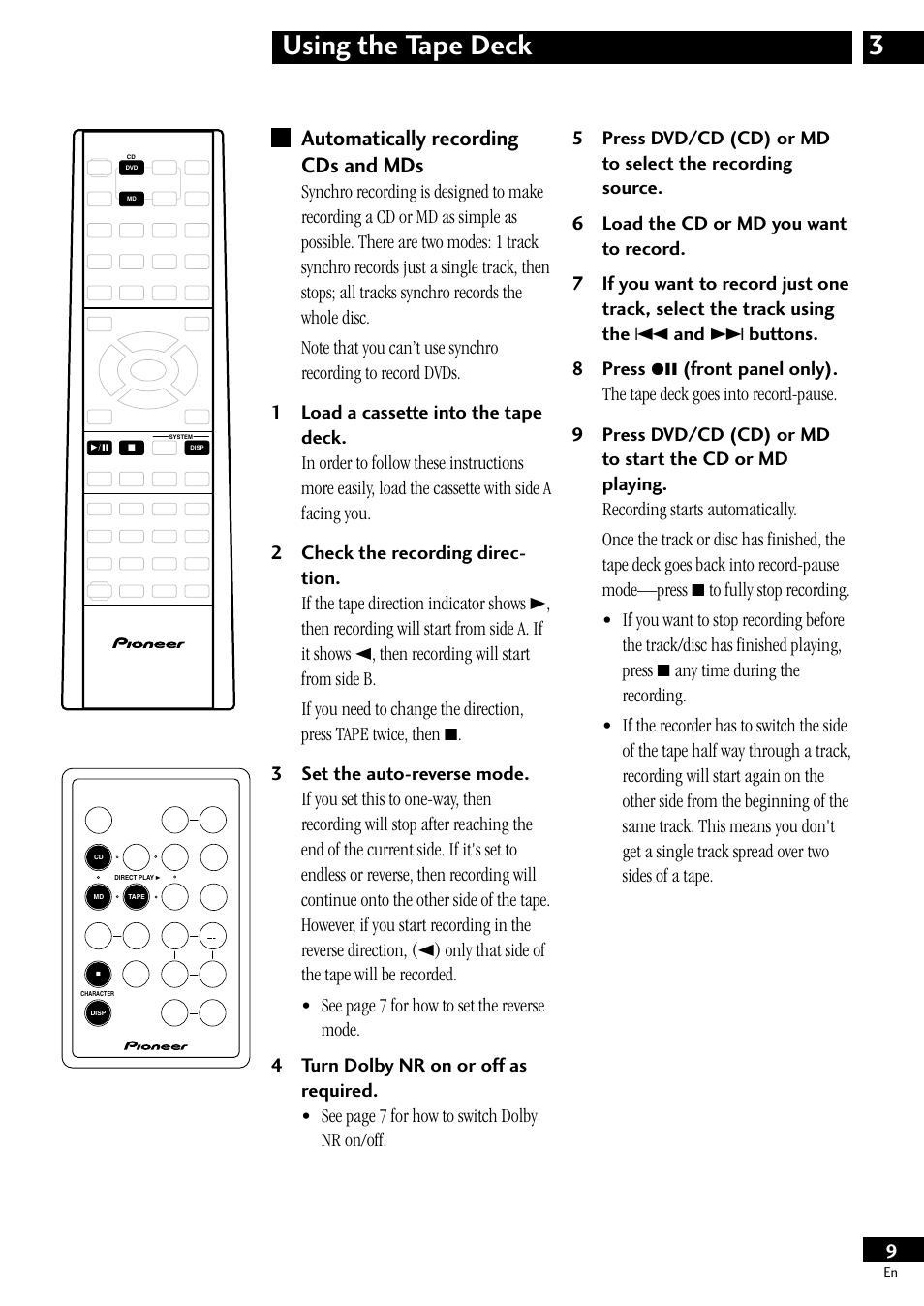 Automatically recording cds and mds, 3using the tape deck | Pioneer CT-L11 User Manual | Page 9 / 16