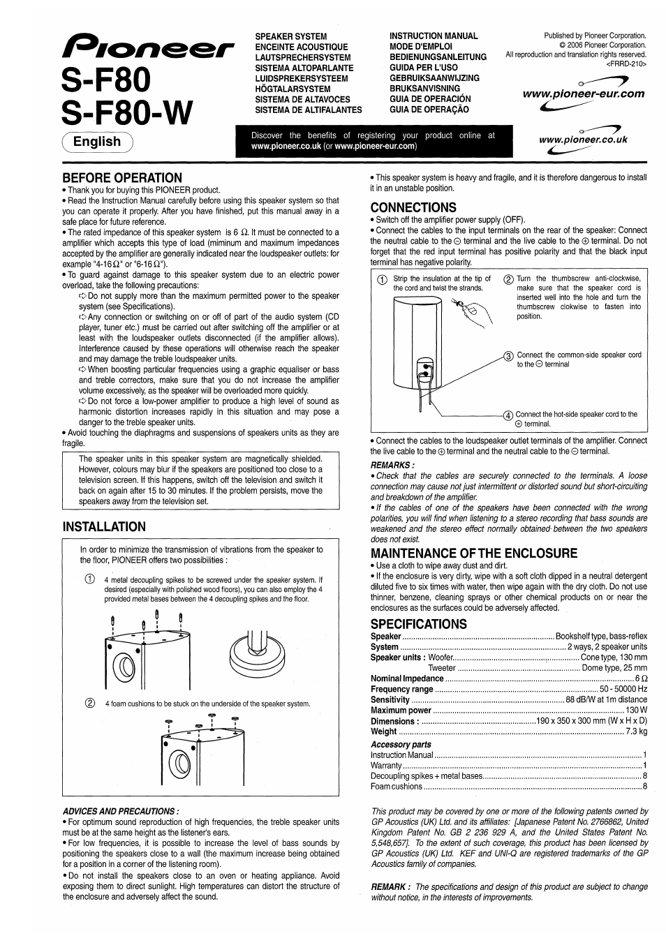 Pioneer S-F80 User Manual | 8 pages