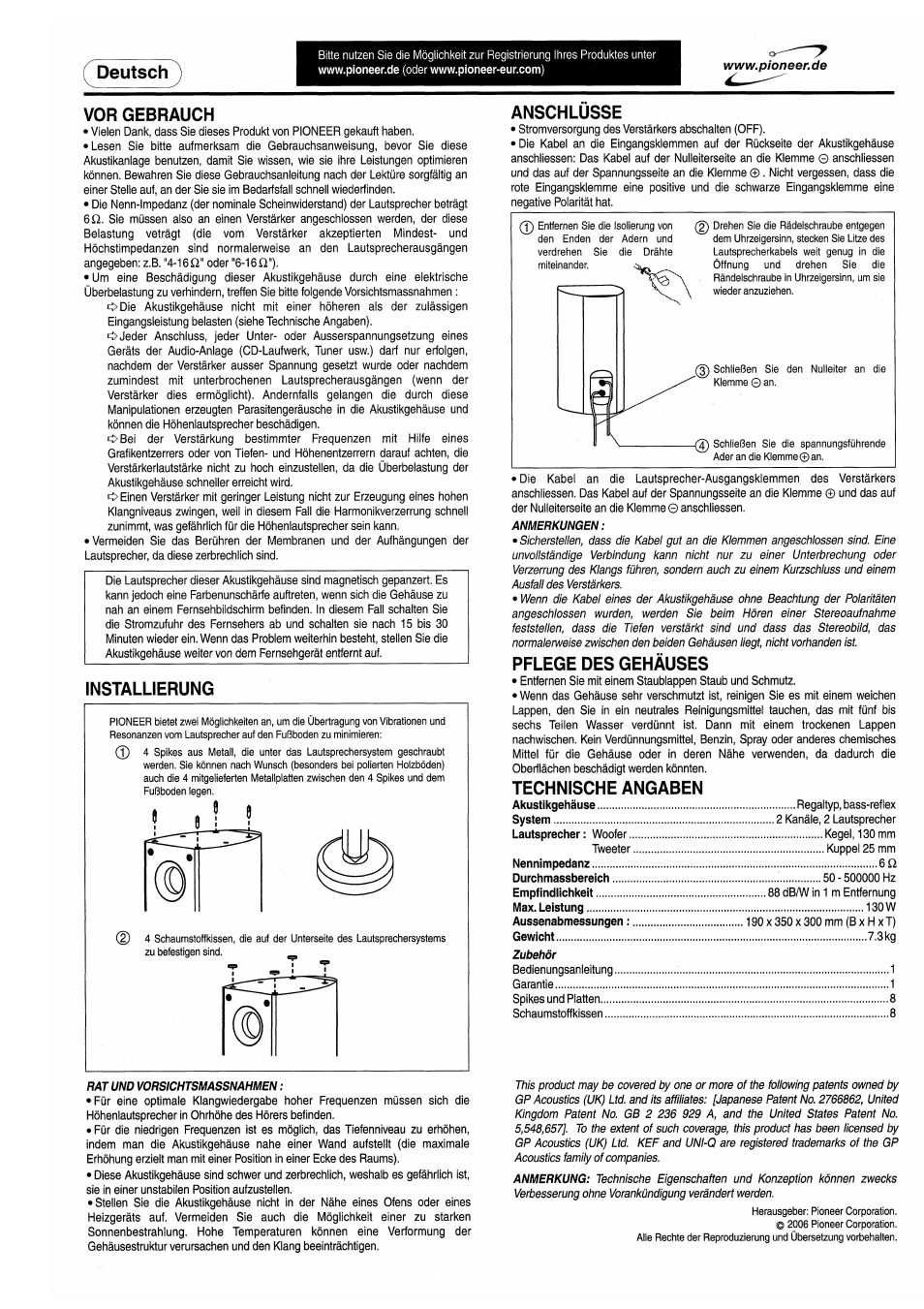 Deutsch, Vor gebrauch, Installierung | Anschlüsse, Pflege des gehäuses, Technische angaben | Pioneer S-F80 User Manual | Page 3 / 8