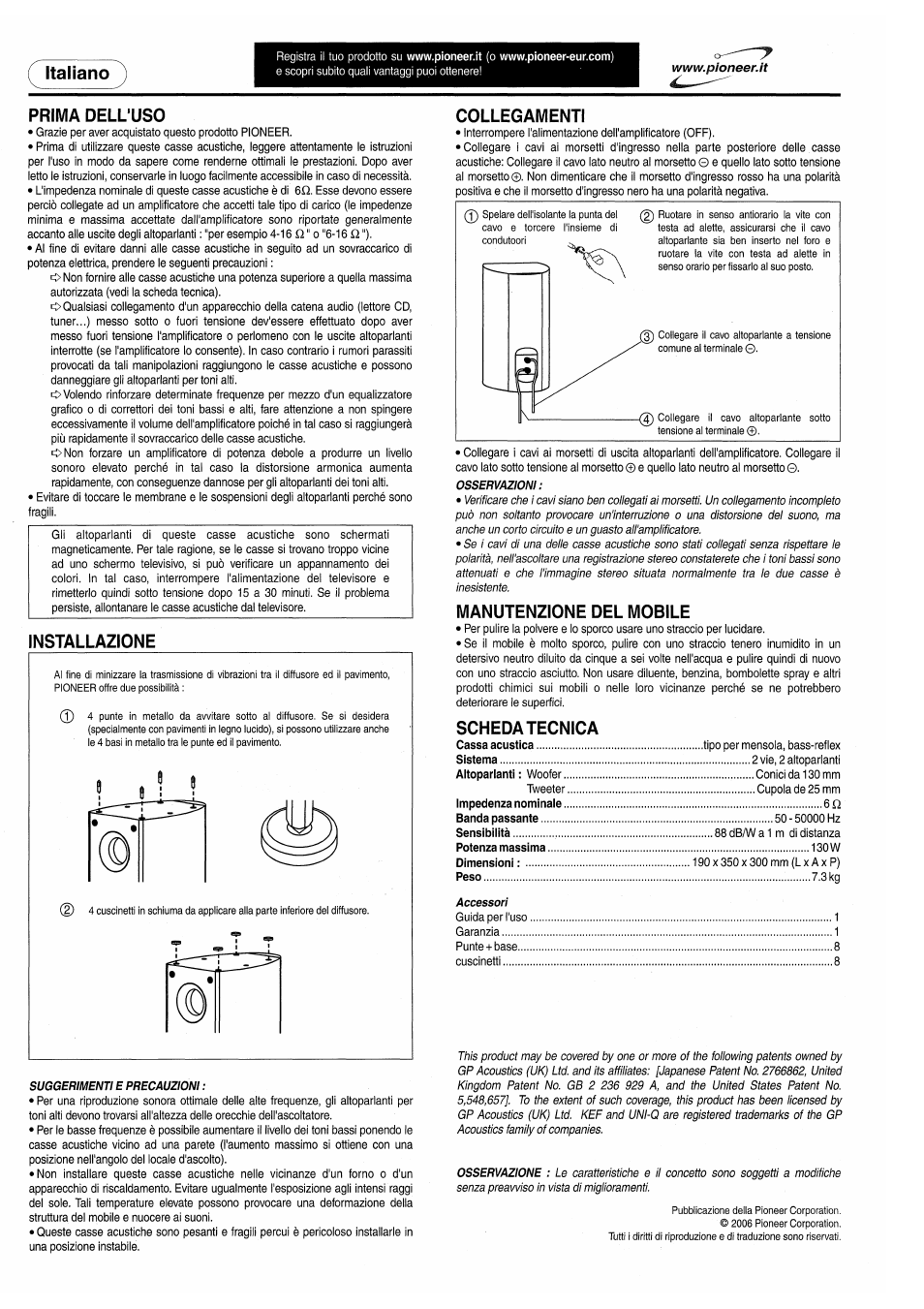 Prima dell’uso, Collegamenti, Manutenzione del mobile | Scheda tecnica, Italiano | Pioneer S-F80 User Manual | Page 4 / 8