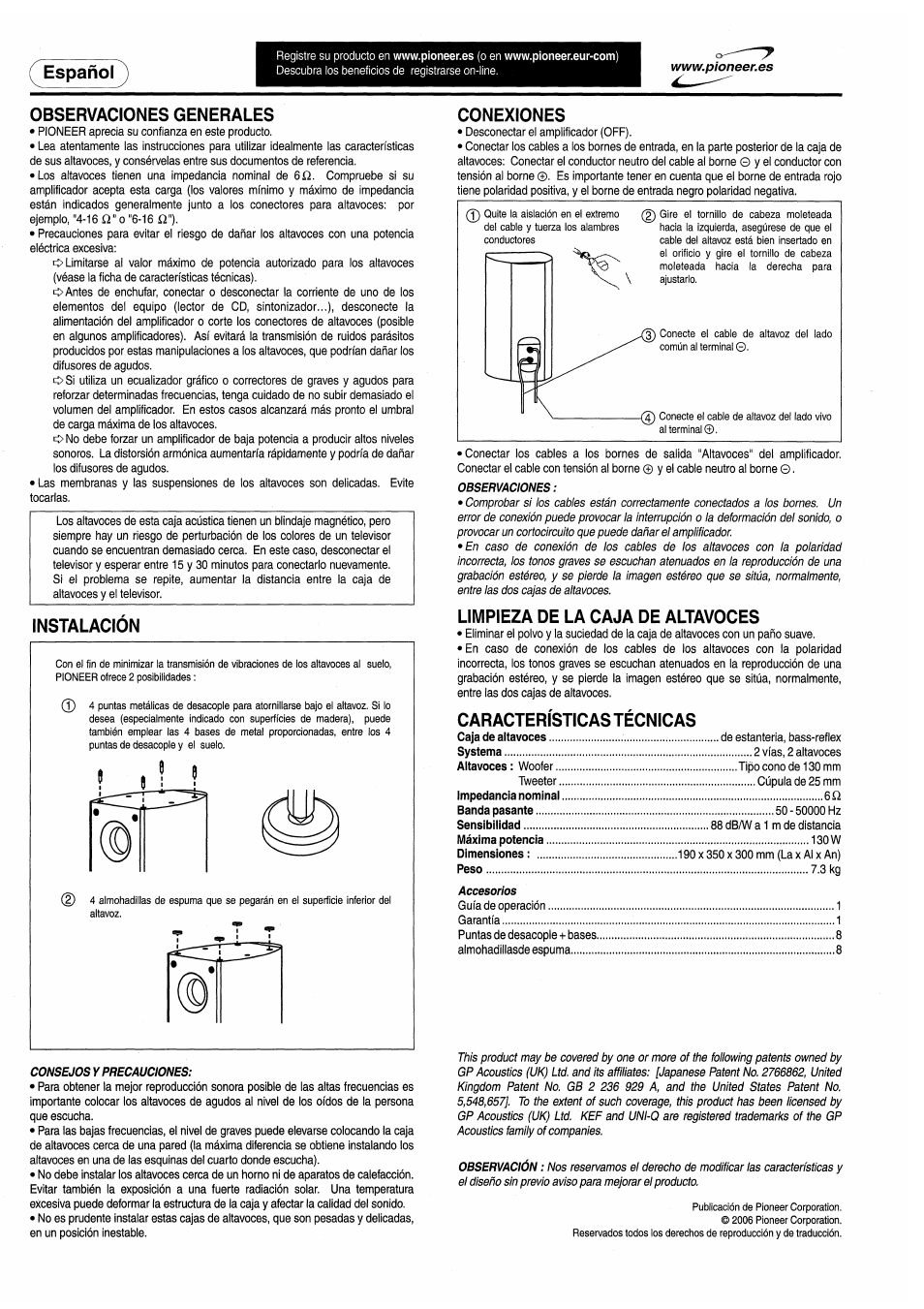 Observaciones generales, Instalacion, Conexiones | Limpieza de la caja de altavoces, Características técnicas, Español | Pioneer S-F80 User Manual | Page 6 / 8