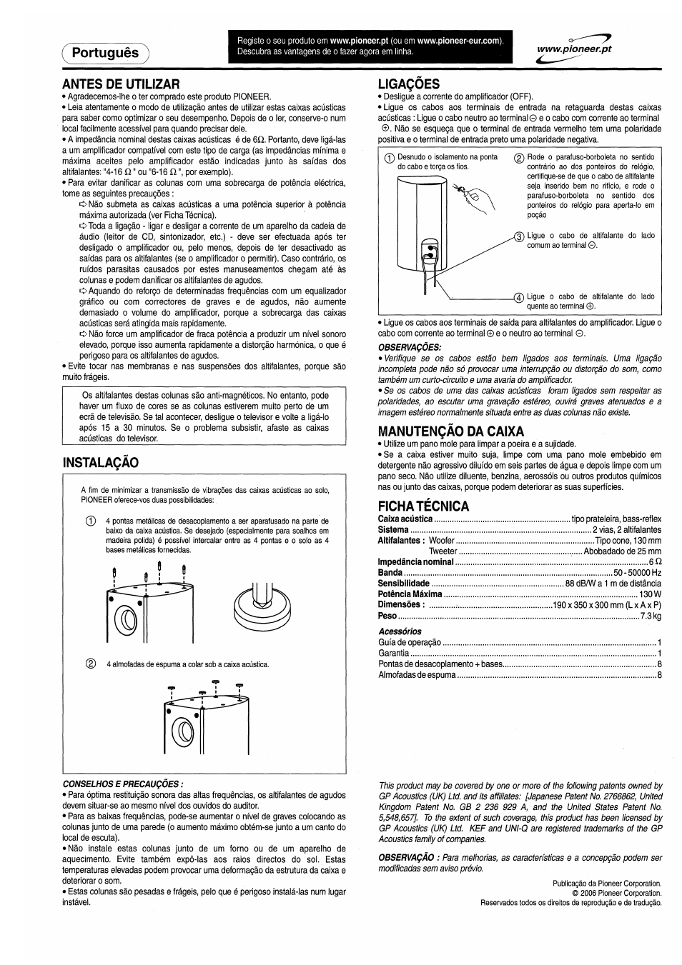 Antes de utilizar, Instalaçâo, Ligaqoes | Manutençâo da caixa, Ficha técnica, Portugués | Pioneer S-F80 User Manual | Page 7 / 8