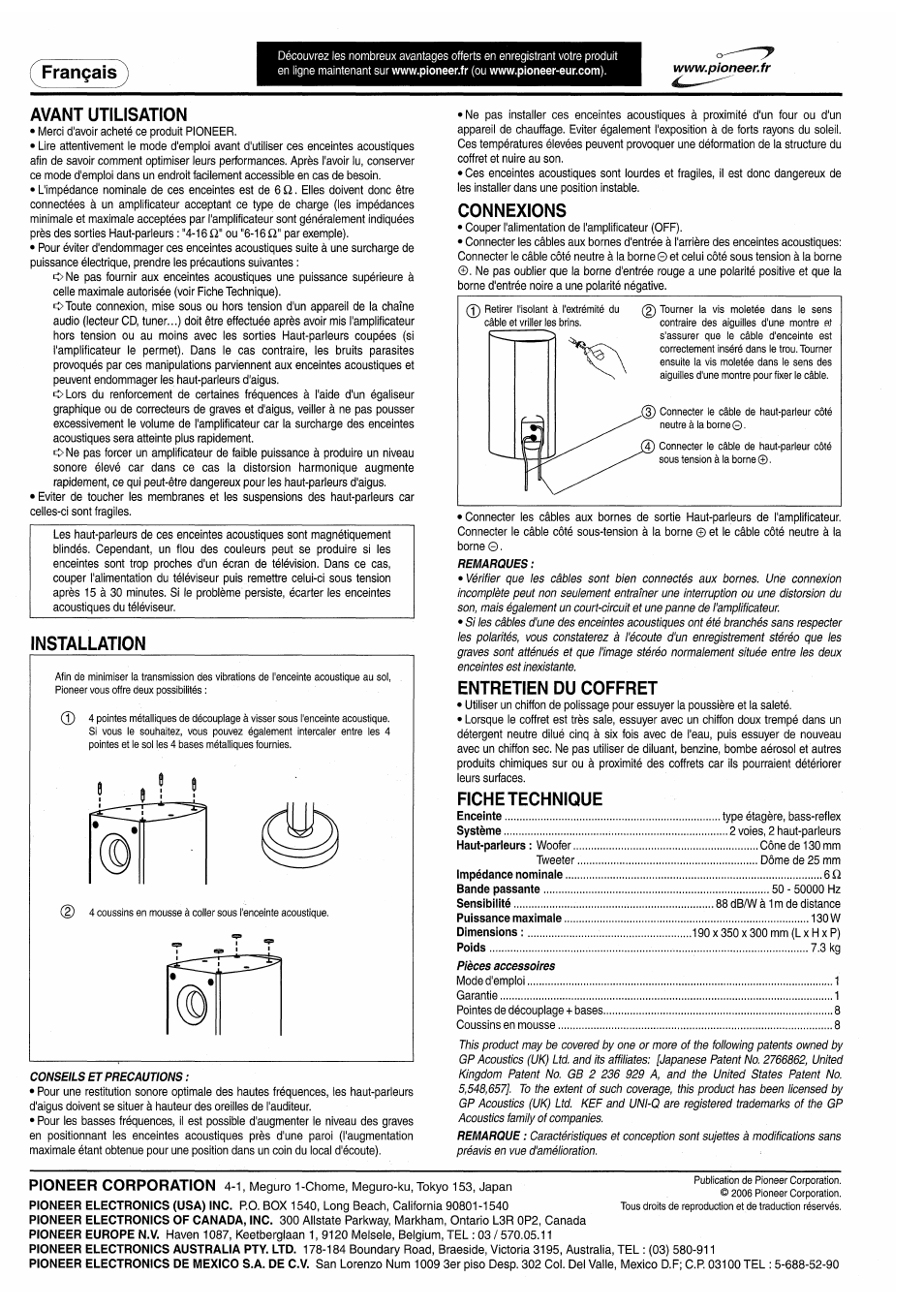Avant utilisation, Installation, Connexions | Entretien du coffret, Fiche technique, Français | Pioneer S-F80 User Manual | Page 8 / 8