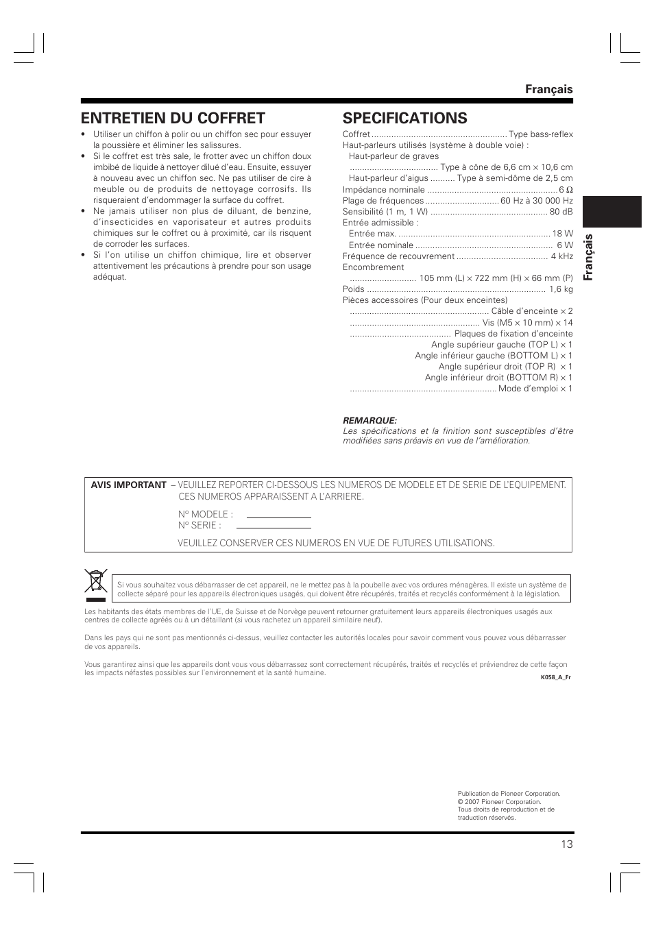 Entretien du coffret, Specifications, Français fran ç ais | Pioneer PDP-S60 User Manual | Page 13 / 44