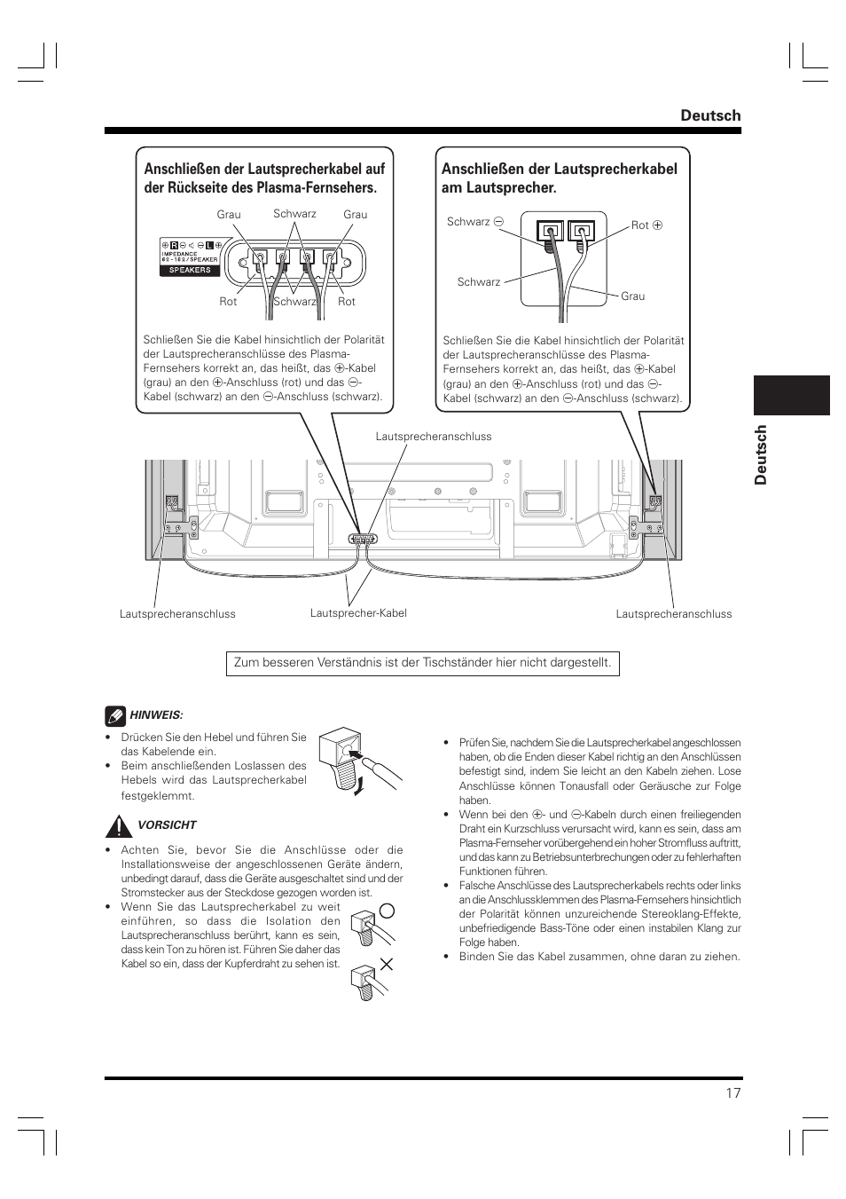 Deutsch, Anschließen der lautsprecherkabel am lautsprecher | Pioneer PDP-S60 User Manual | Page 17 / 44