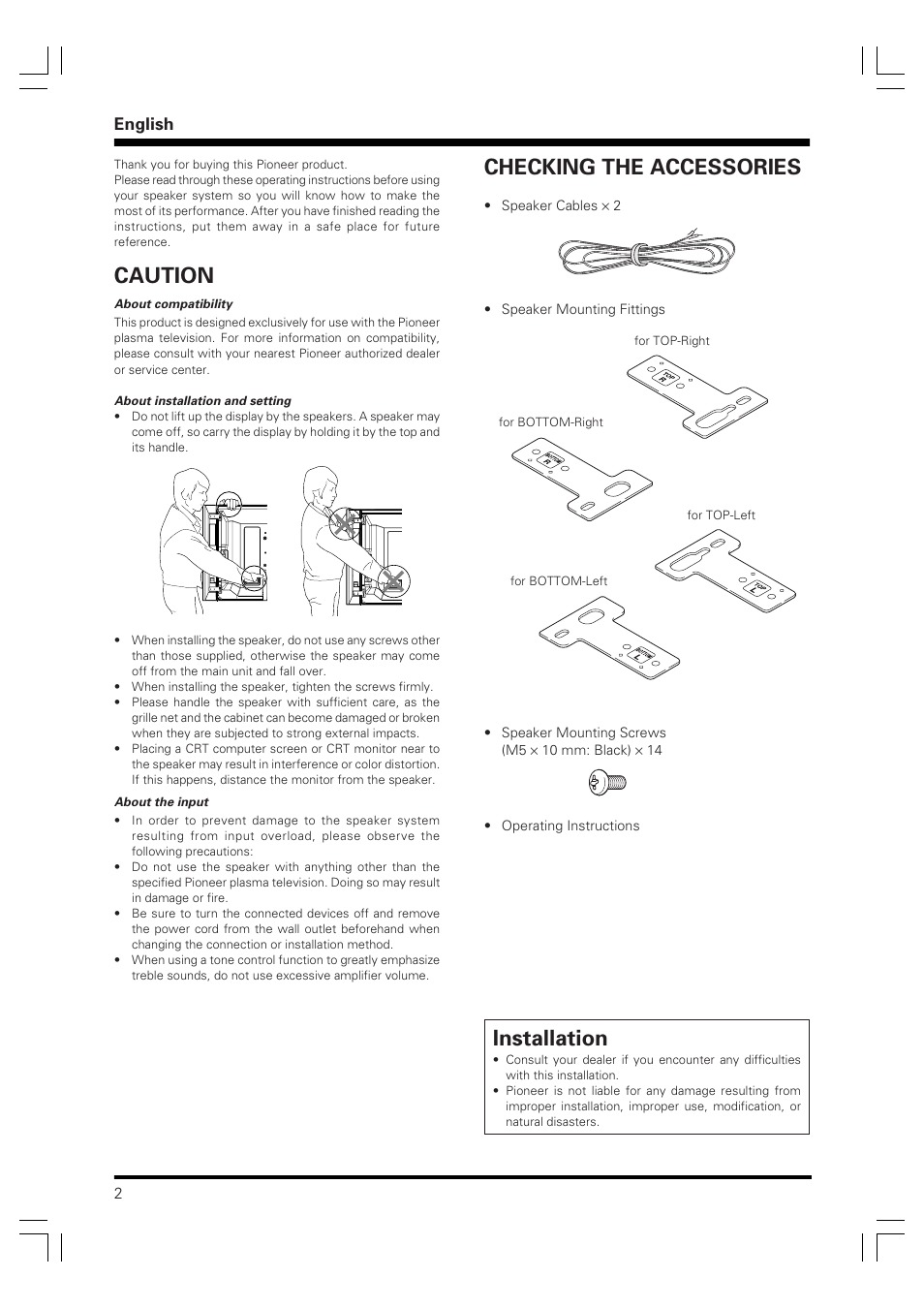 Caution, Installation, Checking the accessories | English | Pioneer PDP-S60 User Manual | Page 2 / 44
