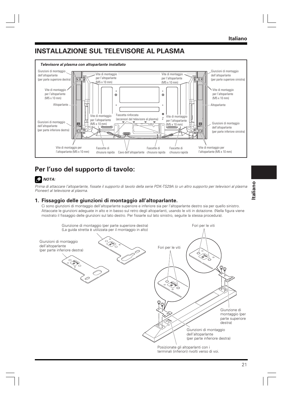 Istruzioni di utilizzo, Sistema di diffusori, Italiano | Pioneer PDP-S60 User Manual | Page 21 / 44