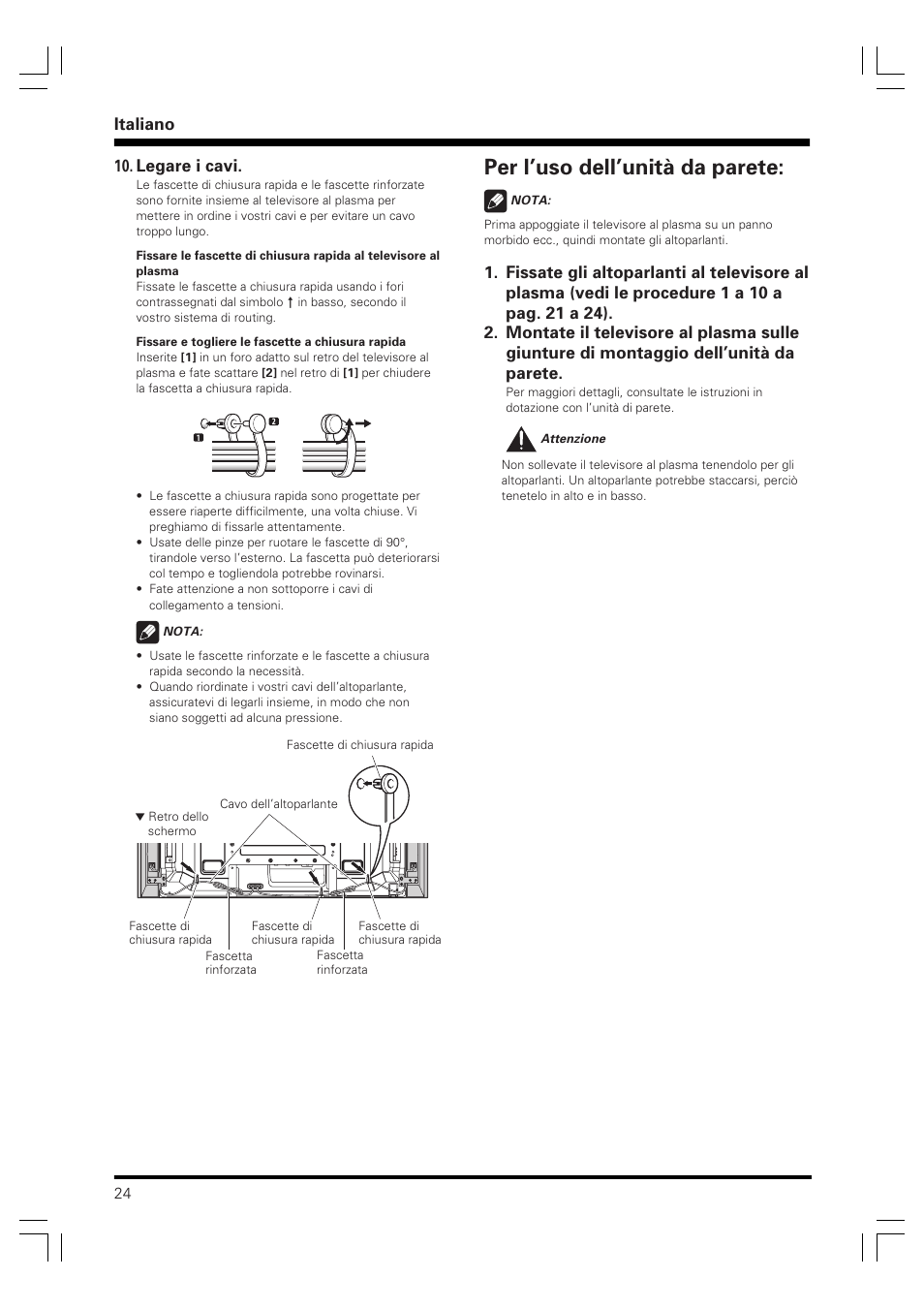 Per l’uso dell’unità da parete, Italiano, Legare i cavi | Pioneer PDP-S60 User Manual | Page 24 / 44