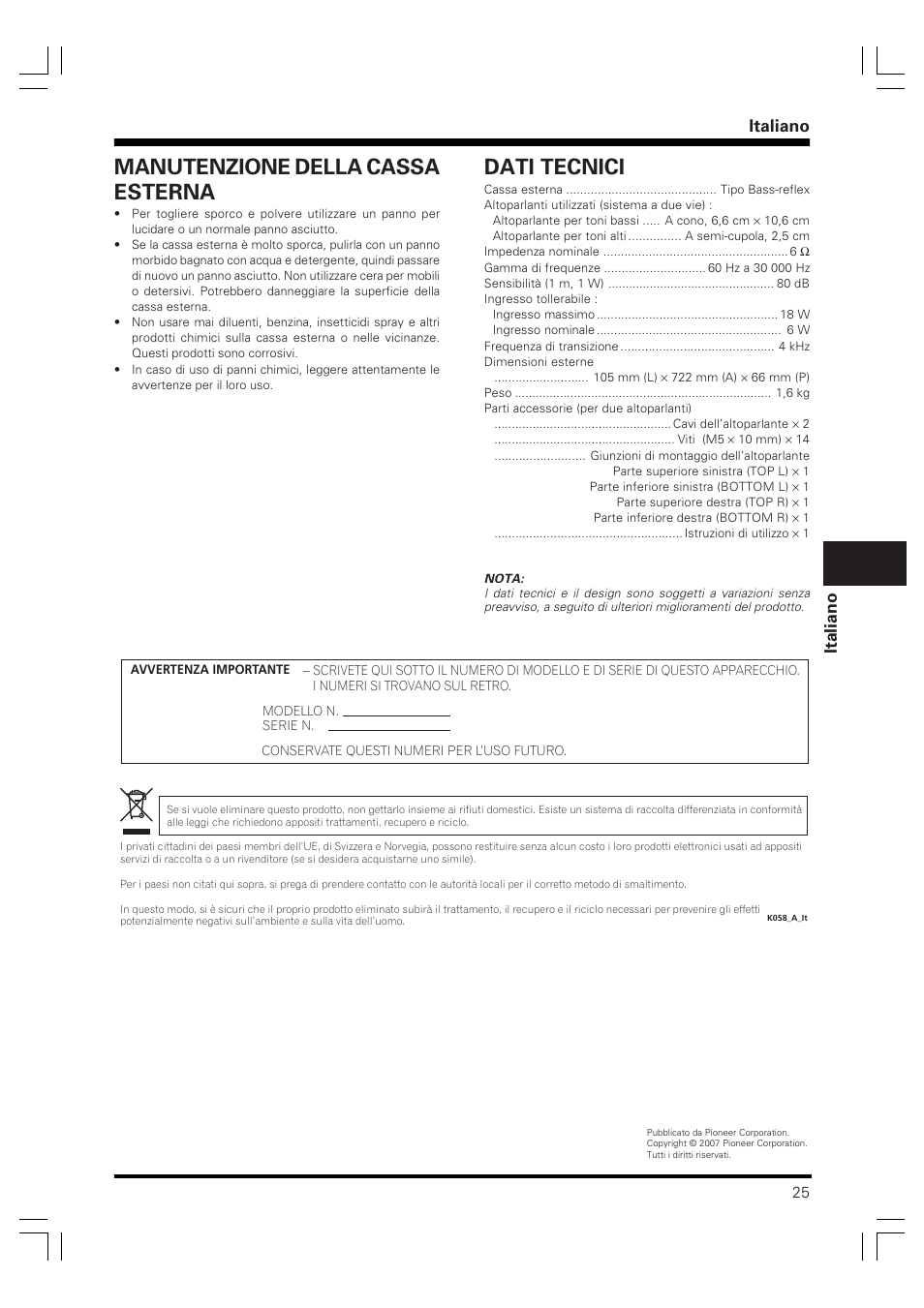 Manutenzione della cassa esterna, Dati tecnici, Italiano | Pioneer PDP-S60 User Manual | Page 25 / 44