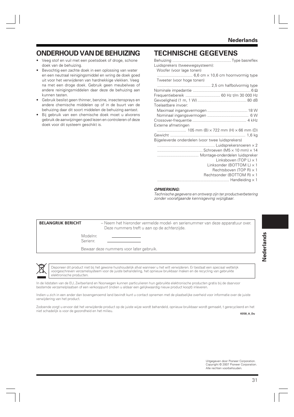 Onderhoud van de behuizing, Technische gegevens, Nederlands | Pioneer PDP-S60 User Manual | Page 31 / 44