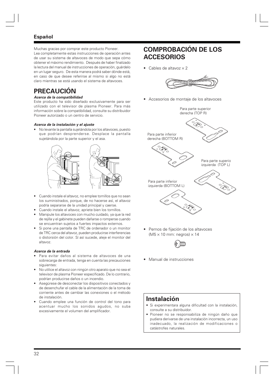 Precaución, Comprobación de los accesorios, Instalación | Español | Pioneer PDP-S60 User Manual | Page 32 / 44