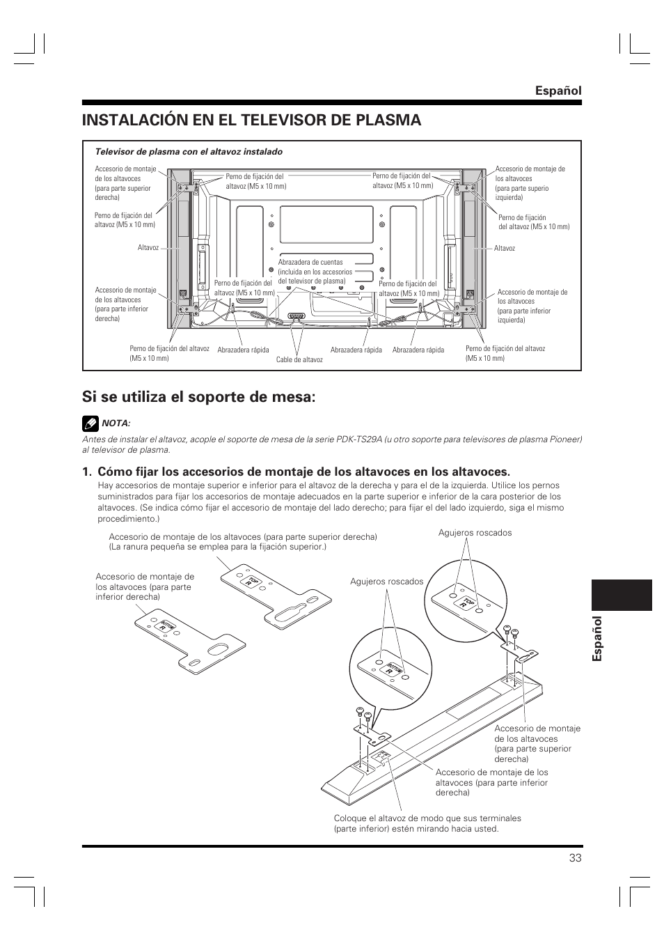 Manual de instrucciones, Sistema de altavoces, Español espa ñ ol | Pioneer PDP-S60 User Manual | Page 33 / 44
