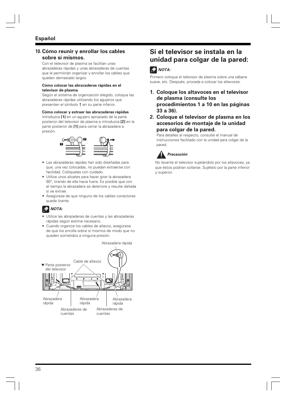 Español, Cómo reunir y enrollar los cables sobre sí mismos | Pioneer PDP-S60 User Manual | Page 36 / 44