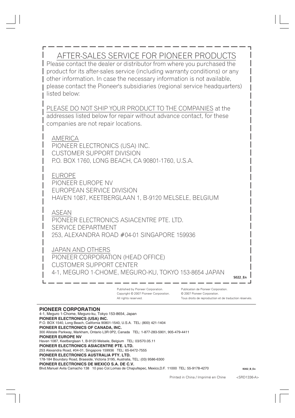 After-sales service for pioneer products | Pioneer PDP-S60 User Manual | Page 44 / 44