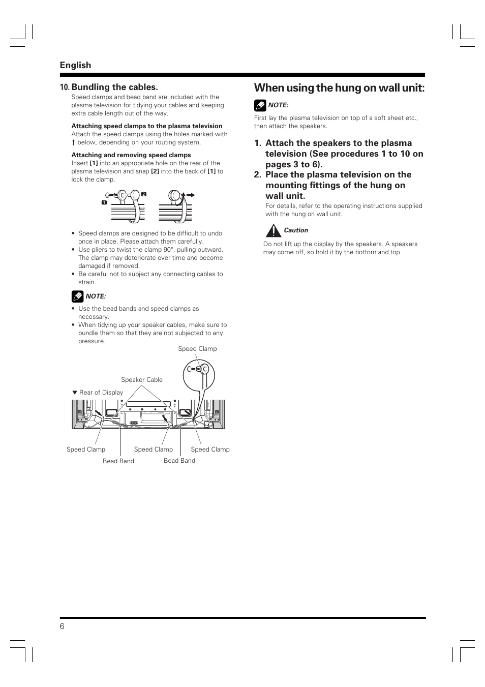 When using the hung on wall unit, English, Bundling the cables | Pioneer PDP-S60 User Manual | Page 6 / 44