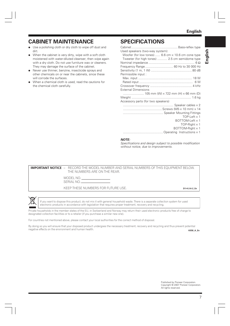Cabinet maintenance, Specifications, English | Pioneer PDP-S60 User Manual | Page 7 / 44