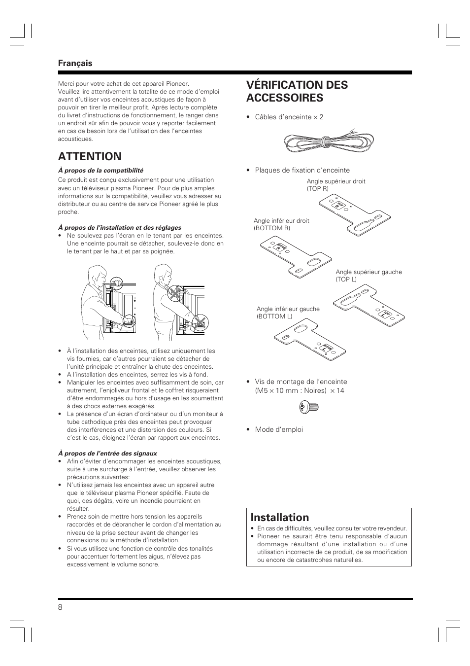 Attention, Vérification des accessoires, Installation | Français | Pioneer PDP-S60 User Manual | Page 8 / 44