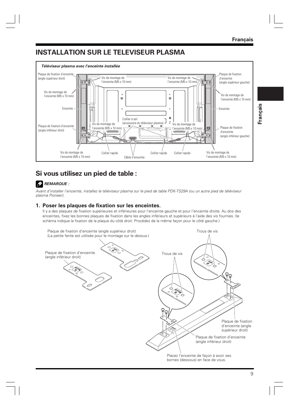 Mode d’emploi, Enceintes acoustiques, Français fran ç ais | Poser les plaques de fixation sur les enceintes | Pioneer PDP-S60 User Manual | Page 9 / 44