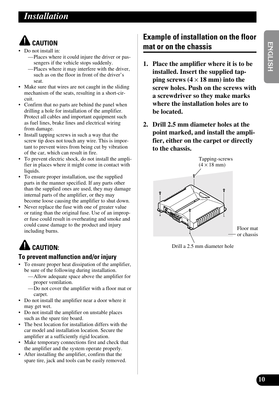 Installation, Example of installation on the floor mat, Or on the chassis | Pioneer GM-D510M User Manual | Page 11 / 74