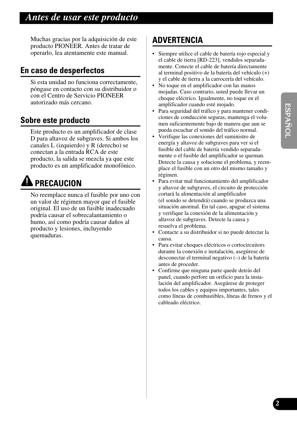Antes de usar este producto, En caso de desperfectos, Sobre este producto | Precaucion, Advertencia | Pioneer GM-D510M User Manual | Page 15 / 74