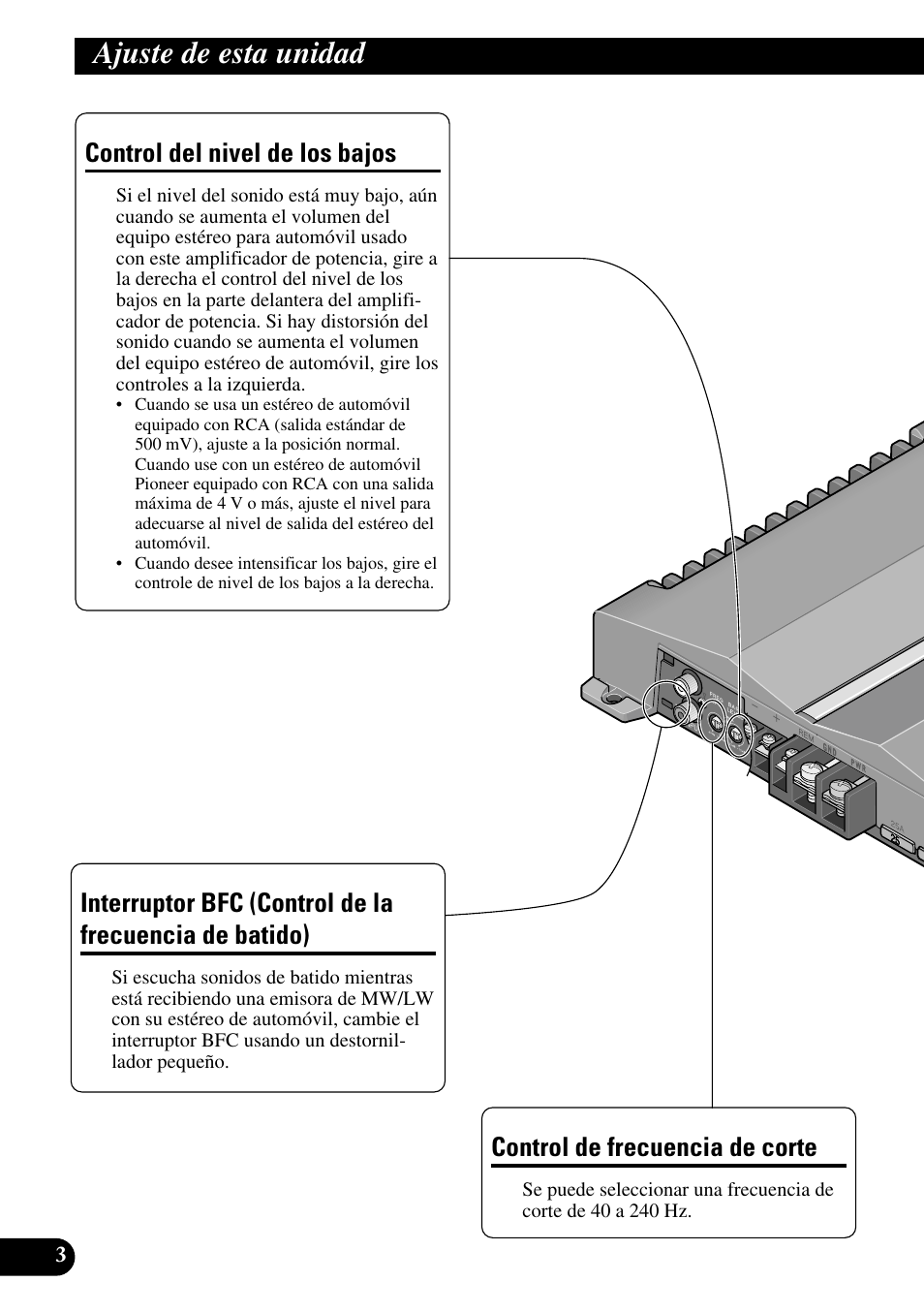 Ajuste de esta unidad, Control del nivel de los bajos interruptor bfc, Control de la frecuencia de batido) | Control de frecuencia de corte, Control del nivel de los bajos | Pioneer GM-D510M User Manual | Page 16 / 74