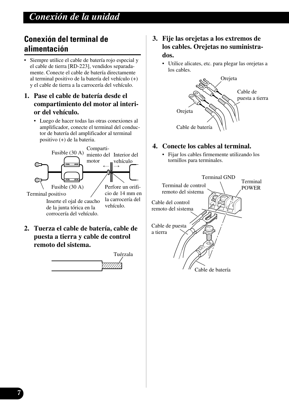 Conexión del terminal de alimentación, Conexión de la unidad | Pioneer GM-D510M User Manual | Page 20 / 74