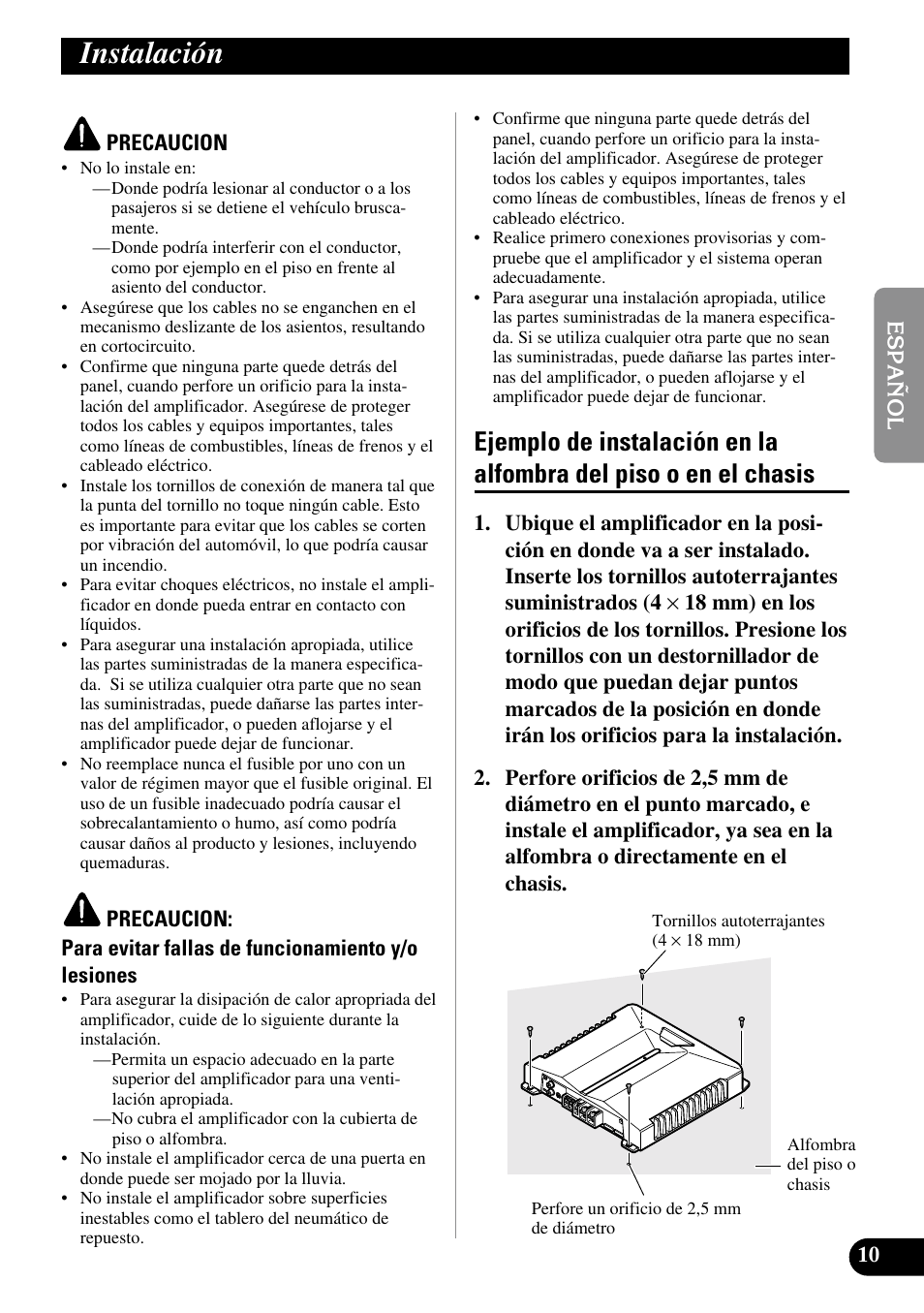 Instalación, Ejemplo de instalación en la alfombra, Del piso o en el chasis | Pioneer GM-D510M User Manual | Page 23 / 74